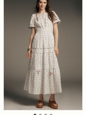 Anthropologie NEW White Maxi Dress with Pink Rose Embroidery